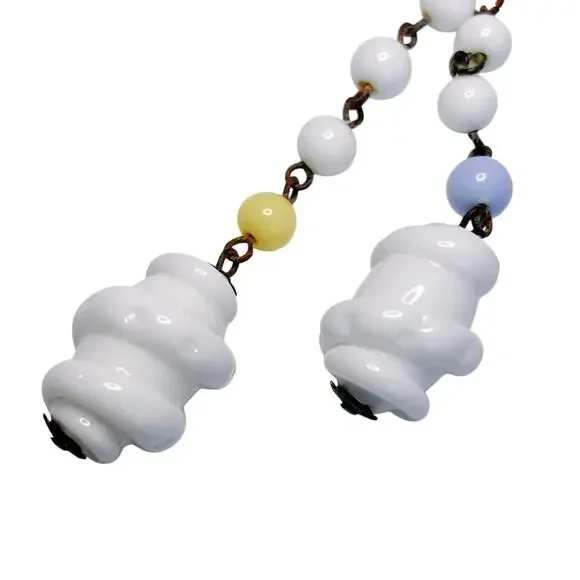 Vintage Milk Glass Lariat Necklace Long Knotted Beaded Y Drop Fun Folk Art Style - Picture 8 of 13